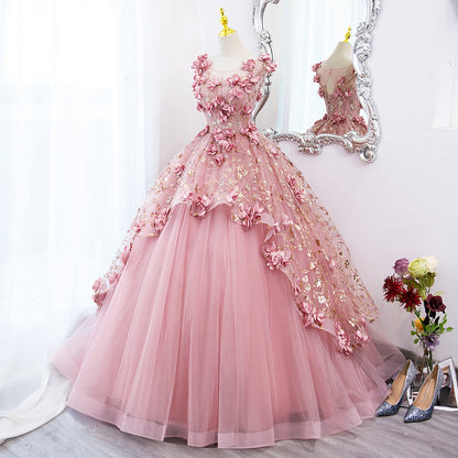 Solvbao Lovely Pink Tulle Long Party Dress with Flowers, Pink Tulle Sweet 16 Gown