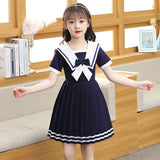 SOLVBAO Girls' Short Sleeve Dress Summer Dress Western Style Children Princess Dress Lolita JK Internet Celebrity Navy Style Little Girl Skirt