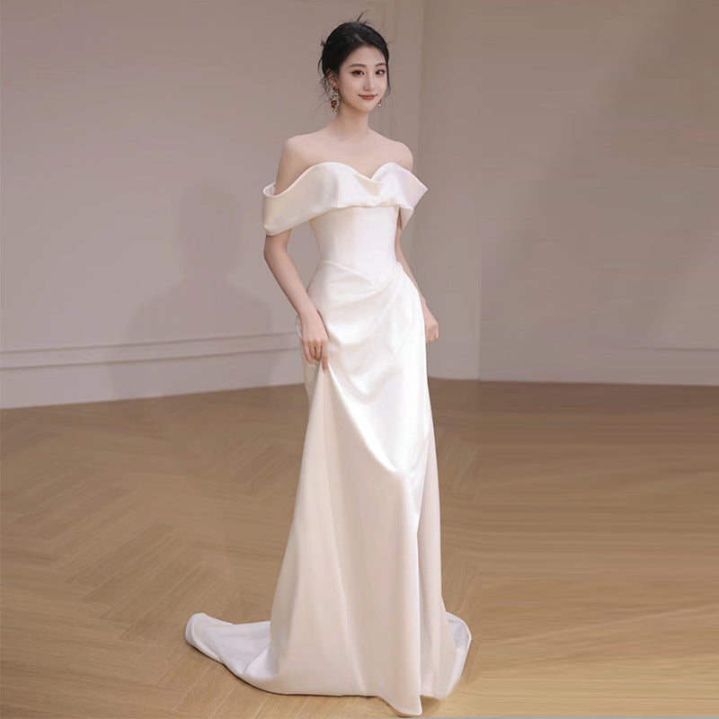 SOLVBAO off-Shoulder Light Wedding Dress Elegant Ladies Banquet Satin Simple Evening Dress Bridal Wedding Wedding Veil Dress