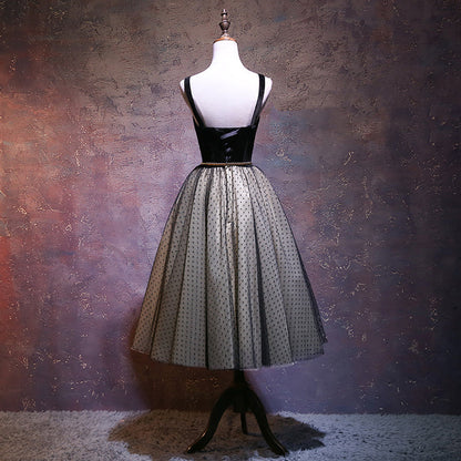 Solvbao Cute Black Tea Length Tulle with Velvet Straps Party Dress, A-line Tulle Homecoming Dress