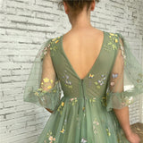 SOLVBAO European and American Evening Dress Foreign Trade Green Tulle Dance Dress Puff Sleeve V-neck Flower Floor-Length V-neck Sexy Long Dress