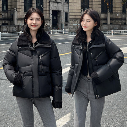 Women's short cotton-padded clothes 2025 winter new Korean version European and American style splicing down cotton-padded clothes women's thickened cotton-padded jacket tide