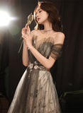 solvbao Grey A-line Floral Tulle Off Shoulder Long Party Dress, Grey Floor Length Prom Dress