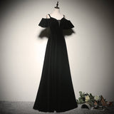 Solvbao Black Off Shoulder Velvet Long A-line Prom Dress, Black Floor Length Party Dress Evening Dress