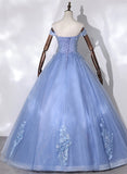 Solvbao Blue Off Shoulder Tulle Party Dress with Lace, Long Formal Dress Sweet 16 Dress