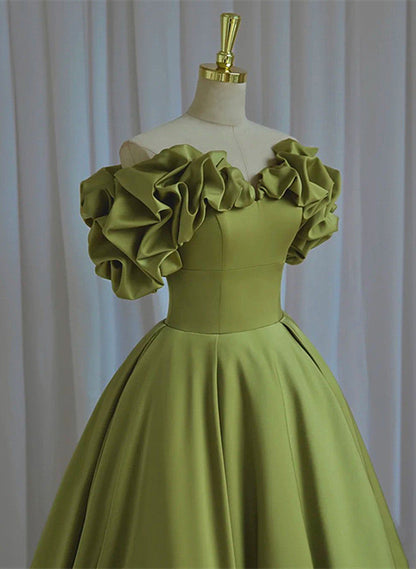 Solvbao Green Satin Long Off Shoulder Lace-up Party Dress, Green Formal Dress