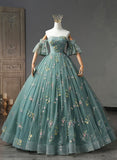 Solvbao Green Floral Tulle Off Shoulder Party Dress, Elegant Long Sweet 16 Dress