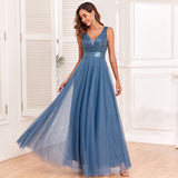 SOLVBAO 23 New Patchwork Stretch Waist Sleeveless Double V-neck Evening Dress Tulle Embroidery Long Elegant a Big Swing Party Dress