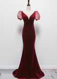 Solvbao Wine Red Mermaid Velvet with Short Sleeves Formal Dress, Wine Red Evening Dress