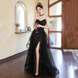 SOLVBAO Black Banquet Evening Dress Sequined Art Exam Costume Sexy Suspenders High Slit Party Dress