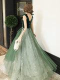 Solvbao Green Lace Tulle V-neckline A-line Prom Dress, Green Floor Length Party Dress