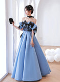 Solvbao Blue Satin Sweetheart with Bow Long Party Dress, Blue A-line Prom Dress Evening Dress