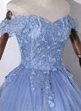 Solvbao Blue Off Shoulder Tulle Party Dress with Lace, Long Formal Dress Sweet 16 Dress