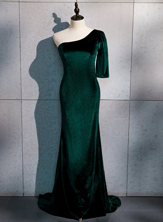 Solvbao Beautiful Dark Green One Shoulder Evening Dress, Green Mermaid Formal Dresses