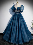 Solvbao Shiny Tulle Blue Short Sleeves Long Formal Dress, Blue Evening Prom Dress