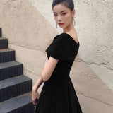 SOLVBAO Black Slimming Evening Dress Women's  Summer plus Size off-Shoulder Long Banquet Temperament Long Annual Meeting Dress