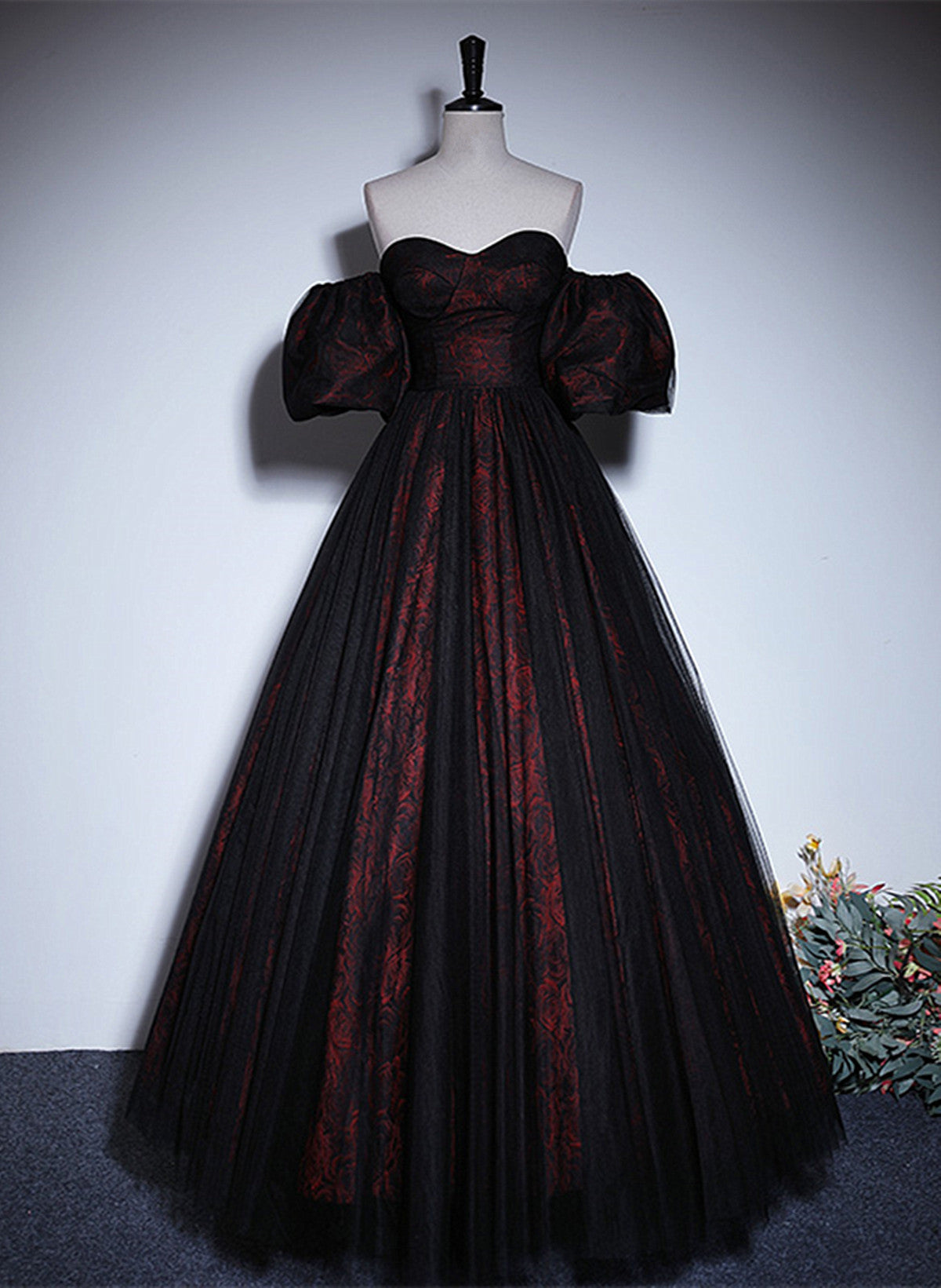 solvbao A-line Black and Red Lace Long Party Dress, Black and Red Prom Dress