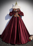 solvbao Wine Red Satin Off Shoulder Evening Dress, Wine Red Long Prom Dress