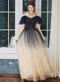 Solvbao Blue and Champagne Gradient Off Shoulder Party Dress, A-line Long Prom Dress