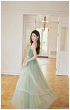 Solvbao Light Green Tulle Straps Long Party Dress, A-line Light Green Prom Dress