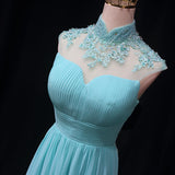 Solvbao Blue Chiffon Lace and Beaded Cap Sleeves Prom Party Dress, A-line Chiffon Formal Dress