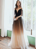 Solvbao Black V-neckline Tulle Gradient A-line Prom Dress, Black Floor Length Party Dress Evening Dress