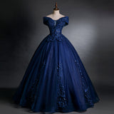 solvbao Glam Navy Blue Sweet 16 Formal Gown with Lace, Blue Prom Dress Party Dress