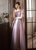 Solvbao Light Purple Tulle Long Formal Dress, A-line Tulle Short Sleeves Prom Dress