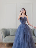 Solvbao Blue Tulle Long Formal Gown Party Dresses, Blue A-line Beaded Evening Dress