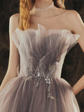 Solvbao Grey Gradient Tulle Beaded A-line Lace-up Party Dress, Grey Long Prom Dress