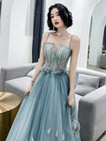 Solvbao Blue Tulle A-line Long Party Dress with Straps, Blue Long Prom Dress