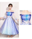 Solvbao Beautiful Gradient Blue Sparkle Short Prom Dress, Off Shoulder Tulle Homecoming Dress