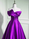 Solvbao A-line Off Shouolder Black and Purple Satin Party Dress, Long Prom Dress