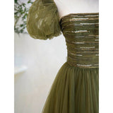 Solvbao Light Green Short Sleeves Tulle Sequins Long Junior Prom Dress, Green Party Dresses