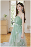 Solvbao Light Green Tulle Straps Long Party Dress, A-line Light Green Prom Dress