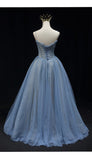 Solvbao Blue Straps Beaded Tulle A-line Long Party Dress, Blue Fashionable Floral Prom Dress