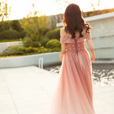 Solvbao Beautiful Pink Tulle Gradient Beaded Off Shoulder Party Dress, Pink Prom Gown