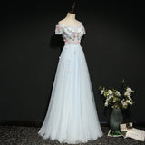 solvbao Light Blue Off Shoulder A-line Flower Party Dress, New Prom Dress