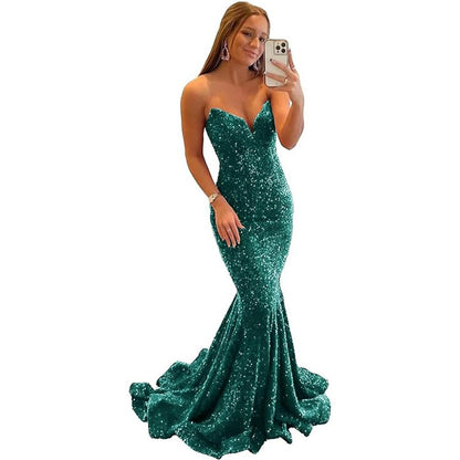 Women's Sequined Evening Dress Formal Sexy Long Prom Party Gown Fishtail Shiny V-neck Dress