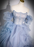 Solvbao Blue Tulle Beaded Off Shoulder New Style Prom Dress, Blue Sweet 16 Dress