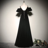 Solvbao Black Off Shoulder Velvet Long A-line Prom Dress, Black Floor Length Party Dress Evening Dress