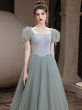 Solvbao Cute Green Tulle Beaded A-line New Prom Dress, Short Sleeves Tulle Formal Dress