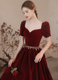 Solvbao Wine Red Velvet Long A-line Party Dress, Wine Red Evening Dress Prom Dress