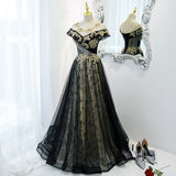 solvbao Beautiful Black Off Shoulder A-line Party Dress with Gold Lace, Black Evening Dresses Prom Dress