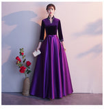 Solvbao Dark Purple Satin Long Sleeves Beaded Velvet Bridesmaid Dress, Purple Formal Dress