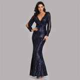 SOLVBAO European and American Foreign Trade Evening Dress Spring/Summer Cross-Border Hot Selling Dress plus Size Long Sleeve V-neck Sequins Fishtail Evening Dress for Women