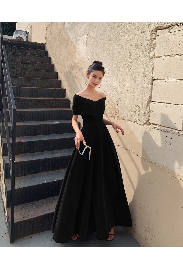 Solvbao Black Velvet Elegant Lace-up Prom Dress, Black Off Shoulder Prom Dress