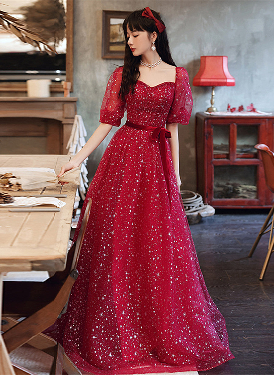 Solvbao Dark Red Short Sleeves Sweetheart Tulle Prom Dress, A-line Dark Red Formal Dress