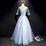 Solvbao Light Blue Short Sleeves with Lace Flowers Long Sweet 16 Dress, Blue Party Dresses