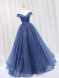 Solvbao Blue Off Shoulder Sweetheart Long Party Dress, A-line Blue Formal Dress